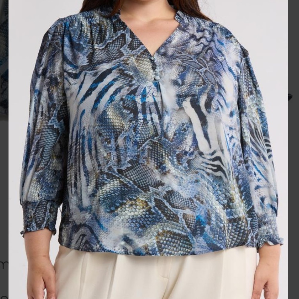 T Tahari Smocked Shoulder Ruffle Neck Blouse - Size 3X
